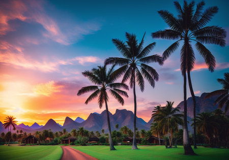 Landscape with mountains and palm trees.の素材
