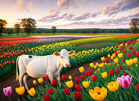 White cow in tulip field. beautiful springの素材