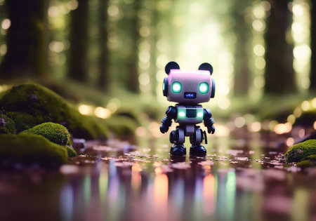A very small retro robot walks in the forestの素材