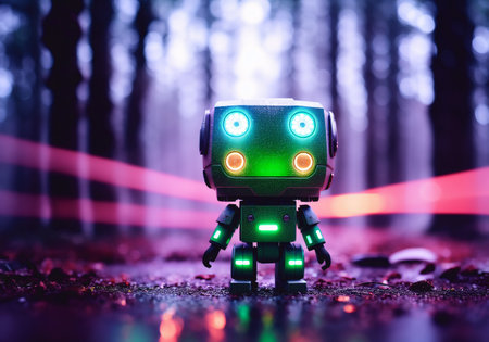 A very small retro robot walks in the forestの素材