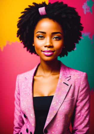 Fashion portrait of a beautiful woman on bright background. Generative AI.の素材