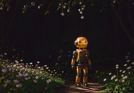 A very small retro robot walks in the forestの素材