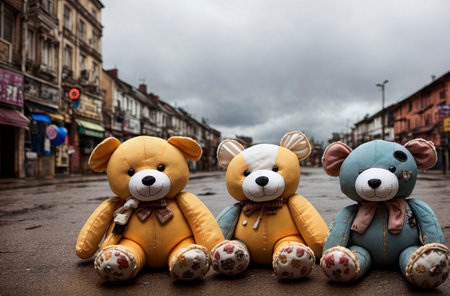 Old and battered soft toys lie on the street. The dump of the abandoned toysの素材
