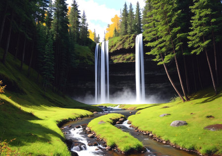 forest landscape. Mysterious green forest. Impressive nature background. Generative AIの素材