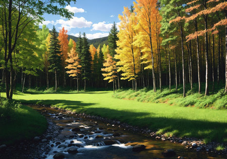 forest landscape. Mysterious green forest. Impressive nature background. Generative AIの素材