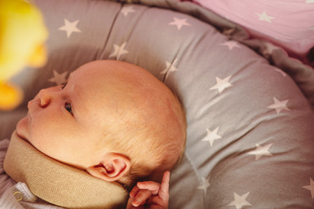 Cute newborn baby in a neck brace. Kid wearing cervical collar, Treatment of spinal injury in a child.の写真素材