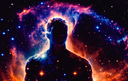 Man silhouette in space with stars and nebula. The concept of God in the image of a man against the background of the universe. Generative AI.の素材