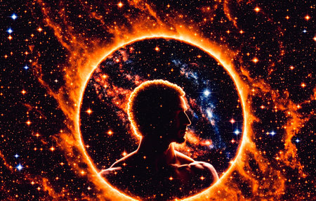 Man silhouette in space with stars and nebula. The concept of God in the image of a man against the background of the universe. Generative AI.の素材