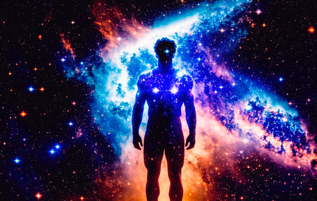 Man silhouette in space with stars and nebula. The concept of God in the image of a man against the background of the universe. Generative AI.の素材