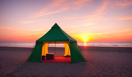 A tourist tent stands on the beach against the background of the ocean during sunset or dawn.の素材