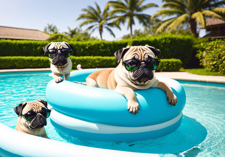 Cute pug dog in swimming pool. Dog in glasses and swim ring.の素材
