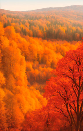 Autumnal landscape with yellow and orange leaves on trees. nature background. Generative AIの素材