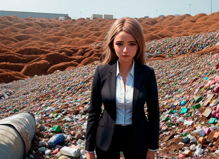 A woman in a business suit against the background of a landfill or garbage dumpの素材