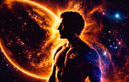 Man silhouette in space with stars and nebula. The concept of God in the image of a man against the background of the universe. Generative AI.の素材