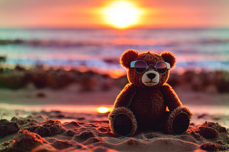 Teddy bear in sunglasses on sandy beach by sea, ocean at sunset. Generative AIの素材