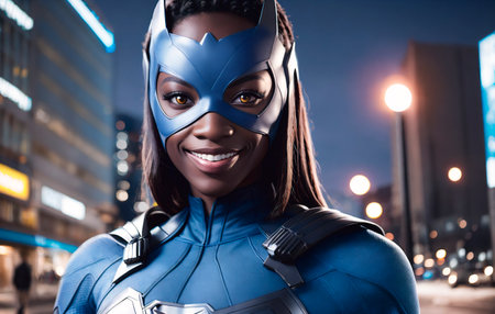 Closeup portrait of smiling african american woman in superhero costume.の素材