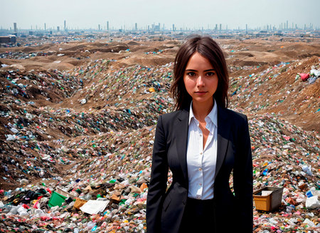 A woman in a business suit against the background of a landfill or garbage dumpの素材