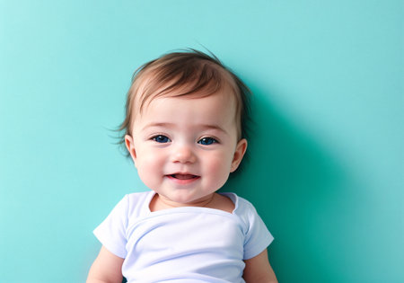 Portrait of a cute baby on a blue backgroundの素材