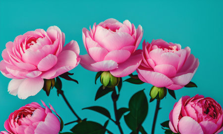 Beautiful pink peony flowers on blue background. close-up.の素材