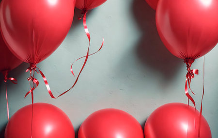 Red balloons background. Colorful balloons for birthday party. Generative AI.の素材