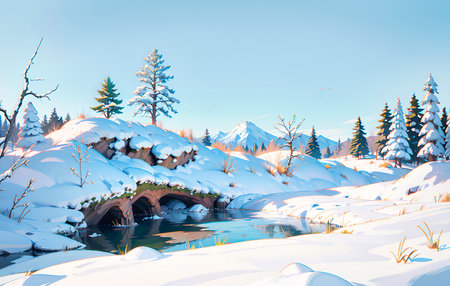Winter landscape with snow covered fir trees and blue sky.の素材