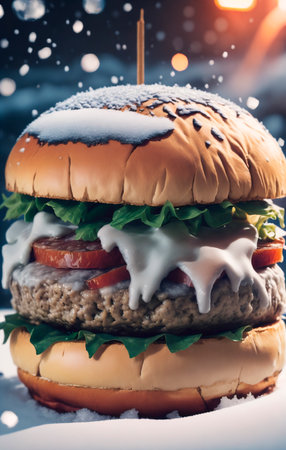 Hamburger with ice and snow.の素材