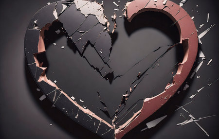 Broken heart on black background. Concept: Love and divorce.の素材