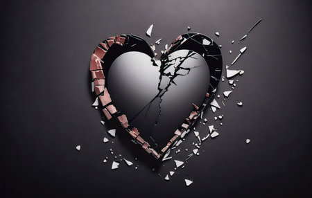 Broken heart on black background. Concept: Love and divorce.の素材