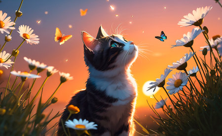 Cute cat sitting in a field with daisies at sunsetの素材