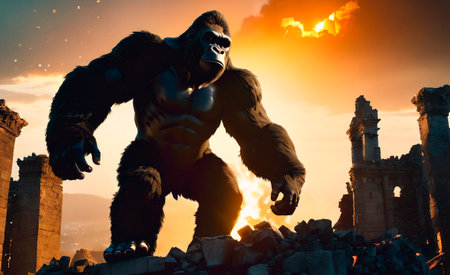 King Kong. Frightening giant monkey. Generative AI.の素材