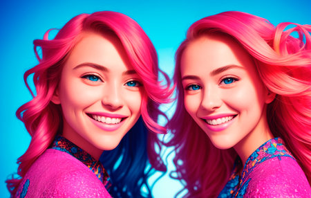 Beautiful twin girls on a multicolored backgroundの素材