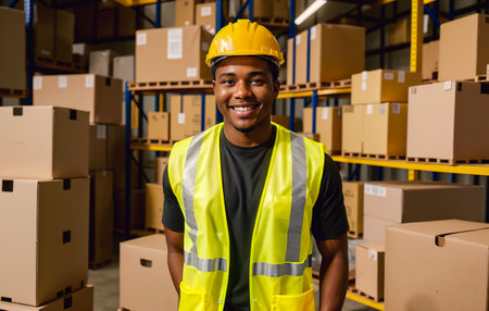 Portrait of smiling african american male warehouse worker standing in warehouseの素材