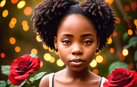 Beautiful african american woman surrounded by red roses at nightの素材