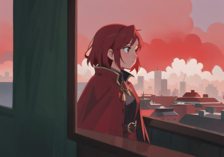 Portrait of a beautiful girl in a red raincoat on the background of a city panoramaの素材