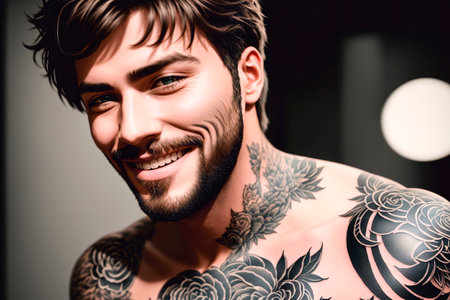 Portrait of a beautiful young man with tattoo on her body. Generative AI.の素材
