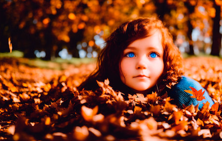 Portrait of a beautiful young redhead woman lying on autumn leaves. Generative AI.の素材