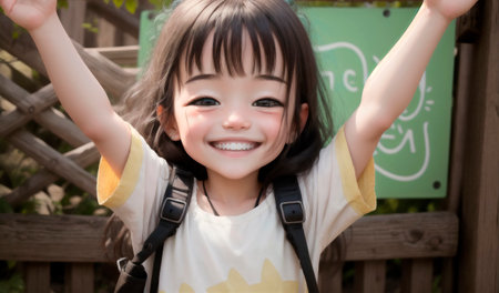 Little positive girl smiling. Portrait of happy kid with toothy smile.の素材