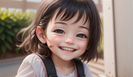 Little positive girl in city park. Portrait of happy kid with smile on walk. Generative AIの素材