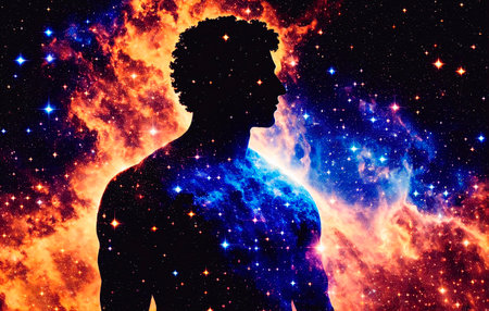 Man silhouette in space with stars and nebula. The concept of God in the image of a man against the background of the universe. Generative AI.の素材