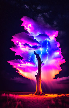 Fantasy landscape with a big tree and lightning.の素材