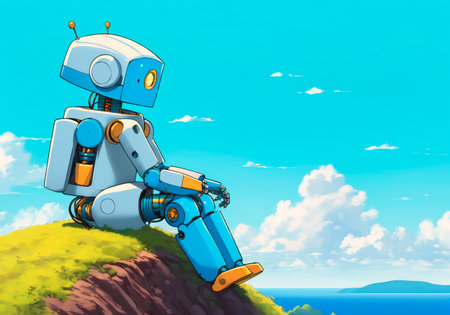A small robot is resting sitting on a green lawn against the background of natureの素材