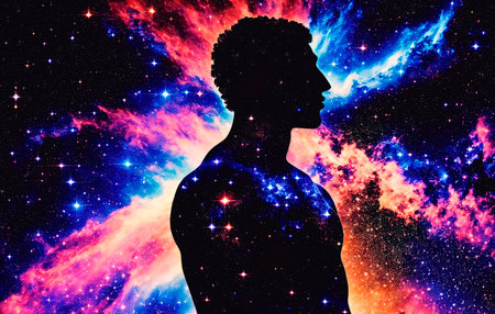 Man silhouette in space with stars and nebula. The concept of God in the image of a man against the background of the universe. Generative AI.の素材