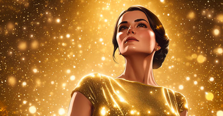 Elegant woman in gold shiny dress on gold background with highlights. Generative AIの素材