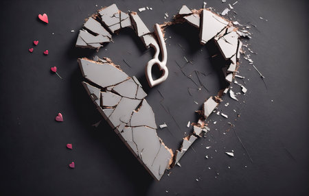 Broken heart on black background. Concept: Love and divorce.の素材