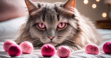 Close up of gray cat lying on bed with balls of yarn.の素材