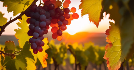 Ripe grapes in vineyard at sunset.の素材