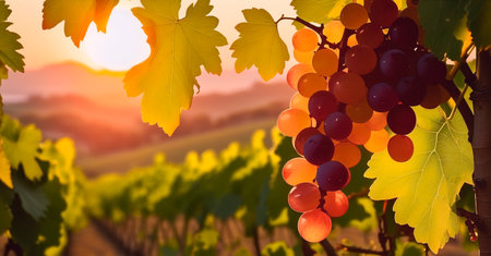 Ripe grapes in vineyard at sunset.の素材