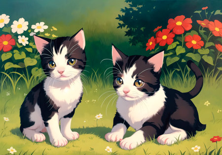 Two kittens sitting on the grass and looking at the cameraの素材