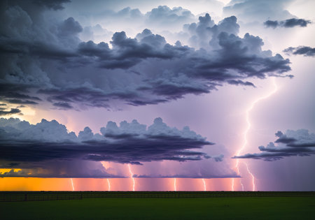 Thunderstorm over a green meadow. Dramatic sky with lightning.の素材
