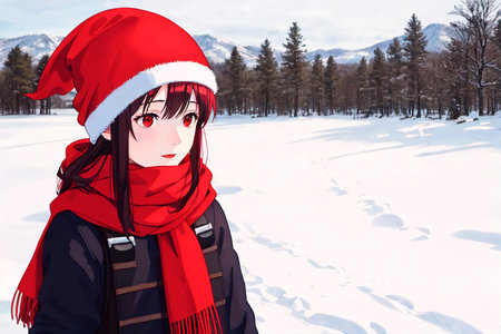 Beautiful young woman in red Santa Claus hat and scarf walking in winter forest.の素材